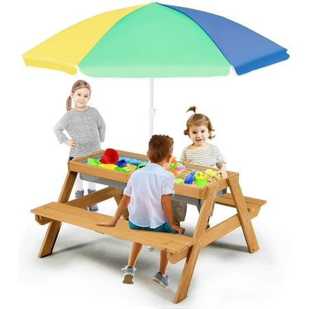 Kids Picnic Table, 4 in 1 Convertible Sand & Water Table with 2 Removable Trays, Height Adjustable Umbrella, Kids Outdoor Table and Benches Set for Backyard, Garden, Playtime (Colorful)
