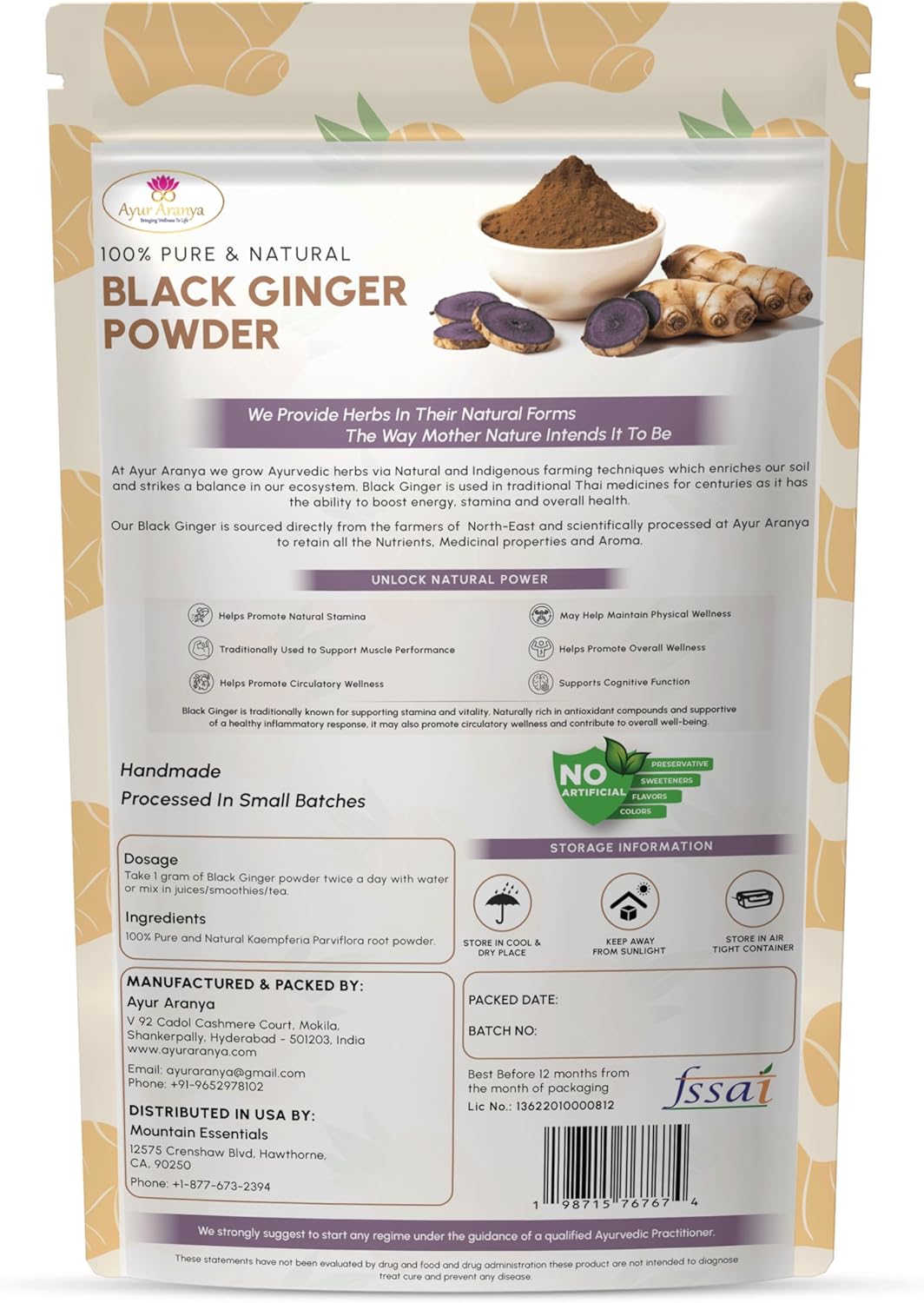 Ayur Aranya Black Ginger Powder 50g, 100% Pure Kaempferia Parviflora Root, No Additives, Pack of 1