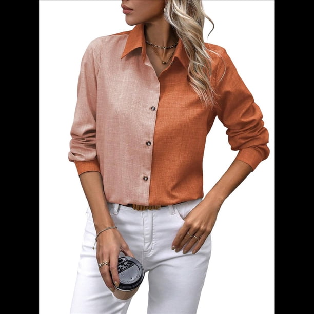 Camisas con Botones para Mujer, Blusas de Larga, Blusas Casuales Lisas para Oficina y Trabajo Naranja S