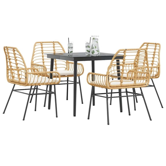 vidaXL 5 Piece Patio Dining Set with Cushions Brown Poly Rattan Glass