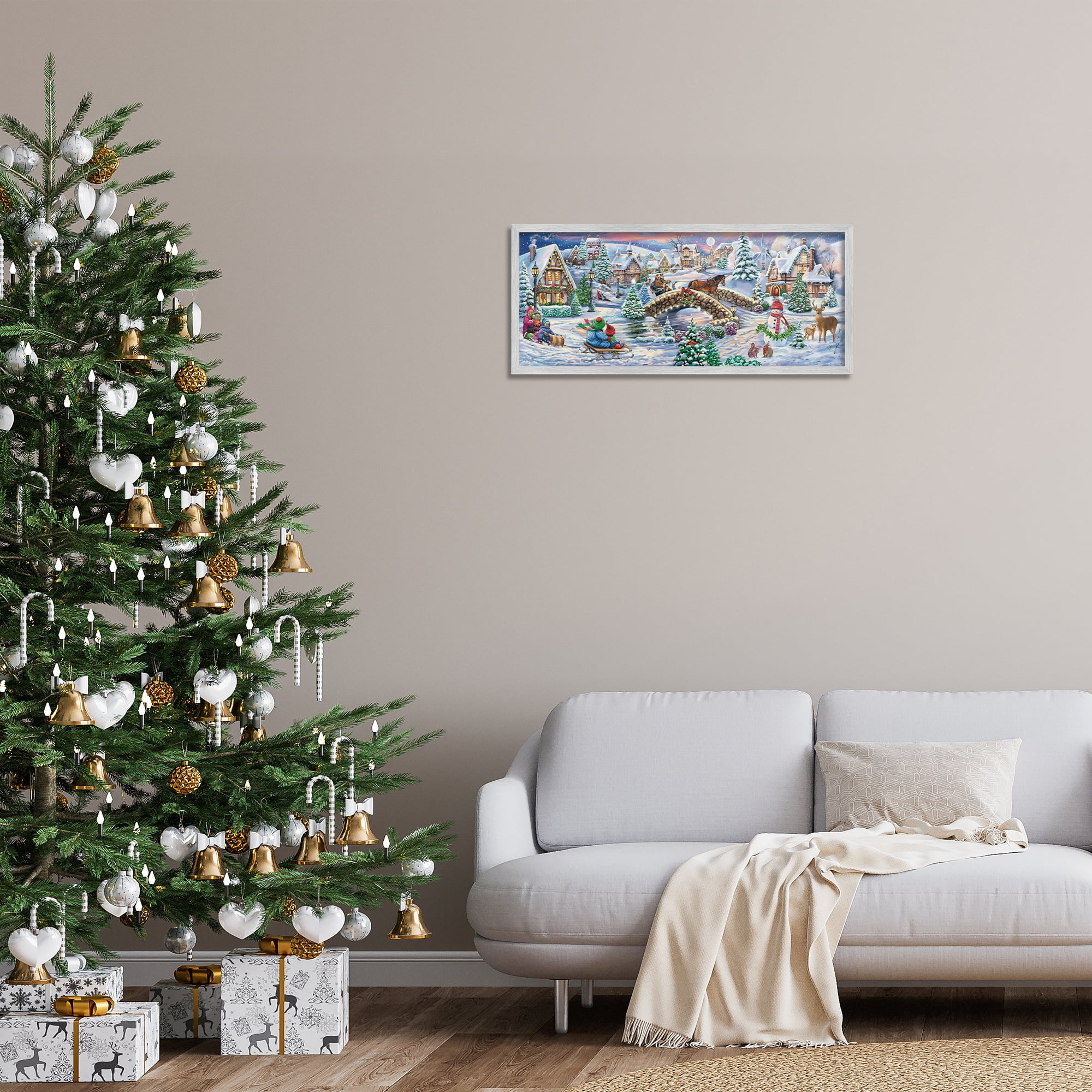 Stupell Industries Snowy Winter Townscape Holiday Painting Gray Framed Art Prints Wall Art, 30 x 13