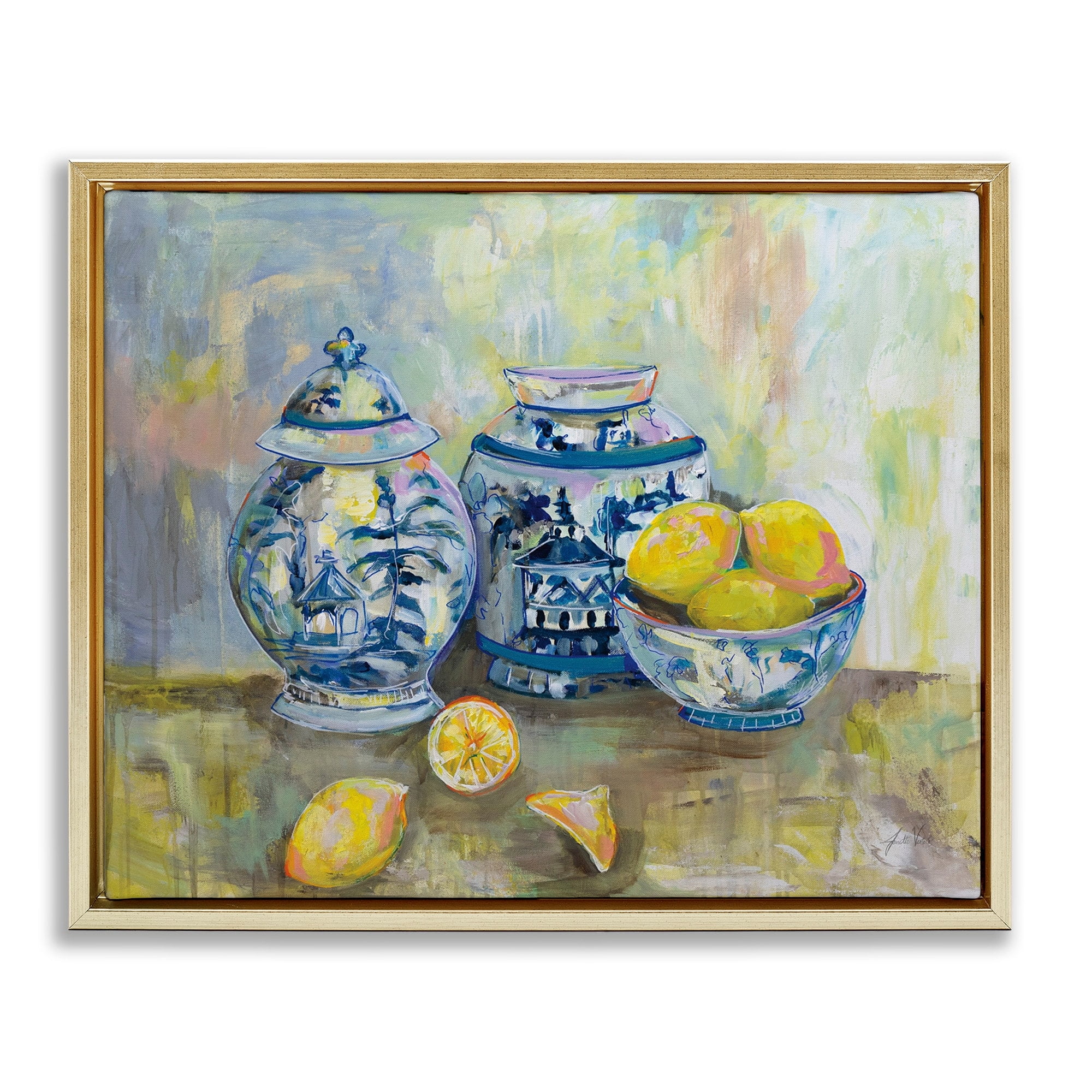 Stupell Industries Lemons and Pottery Yellow Blue Classical Painting Metallic Gold Framed Floating Canvas Wall Art, 24x30, by Jeanette Vertentes