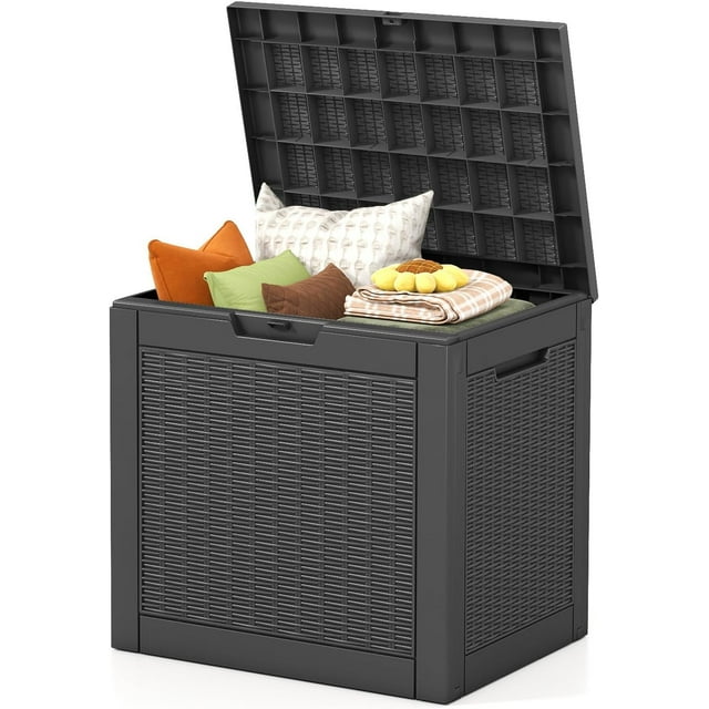 Boîte de Terrasse Étanche et Verrouillable, Boîte de Rangement Extérieure en Résine de Style Rotin pour Coussins de Rangement de Patio, Outils de Jardin et Accessoires de Piscine, Boîte de Terrasse Durable Résistante aux Intempéries