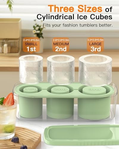 Ice Cube Tray for Tumbler Cup 30Oz-40Oz, 3 Pcs Silicone Cylinder Ice Mold with Lid and Bin for Freezer, Easy Fill and Release Ice Maker for Whiskey, Cocktail BPA-Free (Green, 40Oz-Type2)