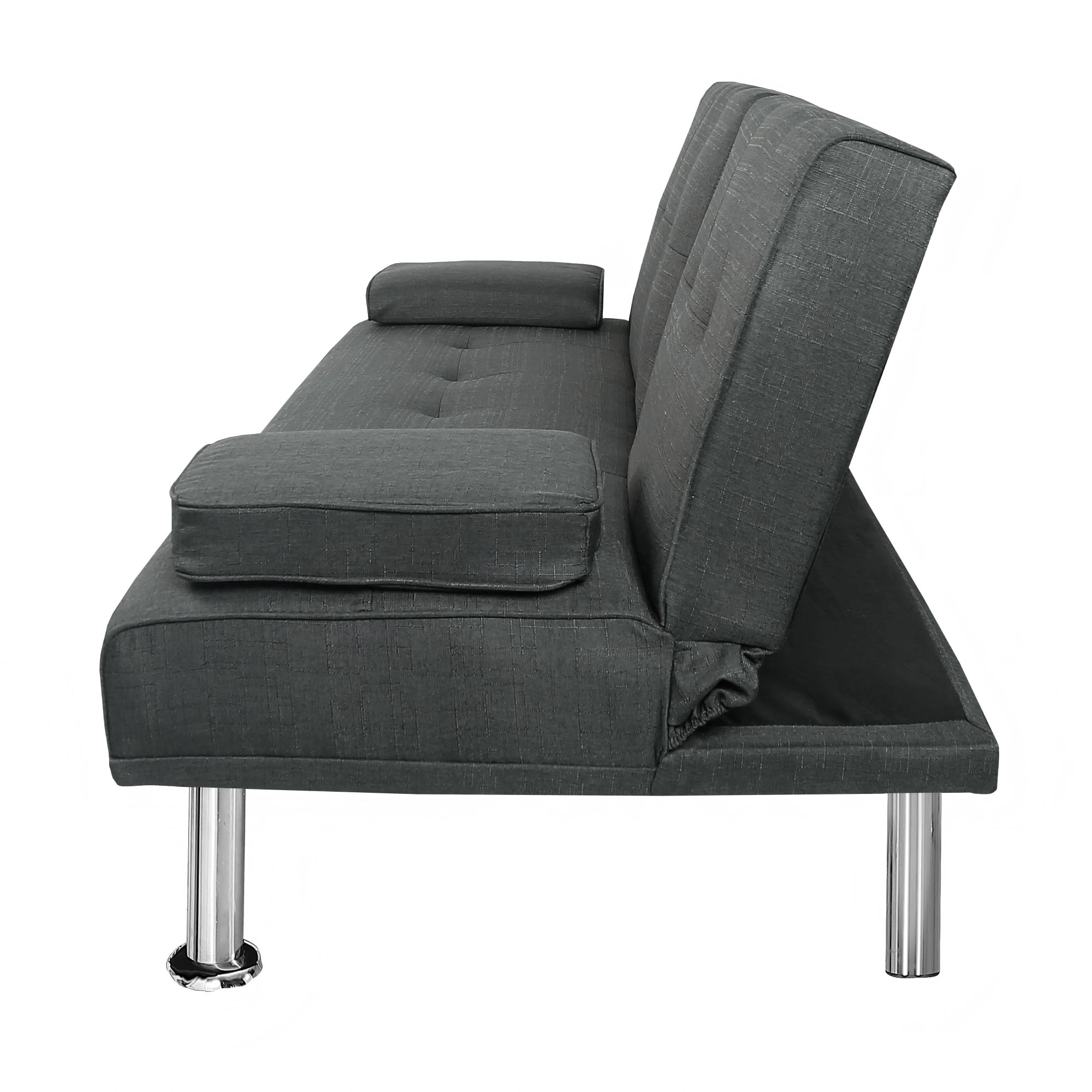 Gewnee 66.3” Futon Sleeper Sofa Bed with 3-Angle Adjustable Backrest,Loveset with 2 Cup Holders for Home,Office,Guest Room(Dark Grey）