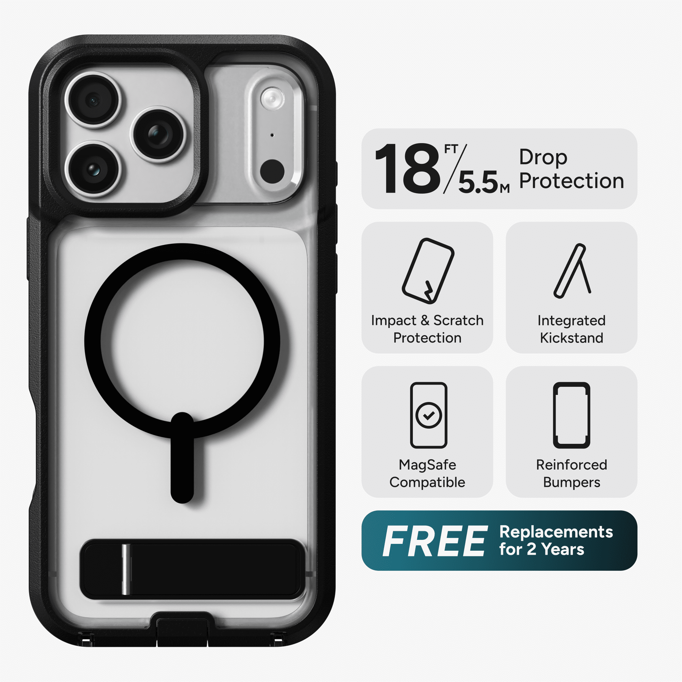 ZAGG Rugged Case - Apple iPhone 17e & 16e Case with MagSafe and Built-In Kickstand – Clear/Black