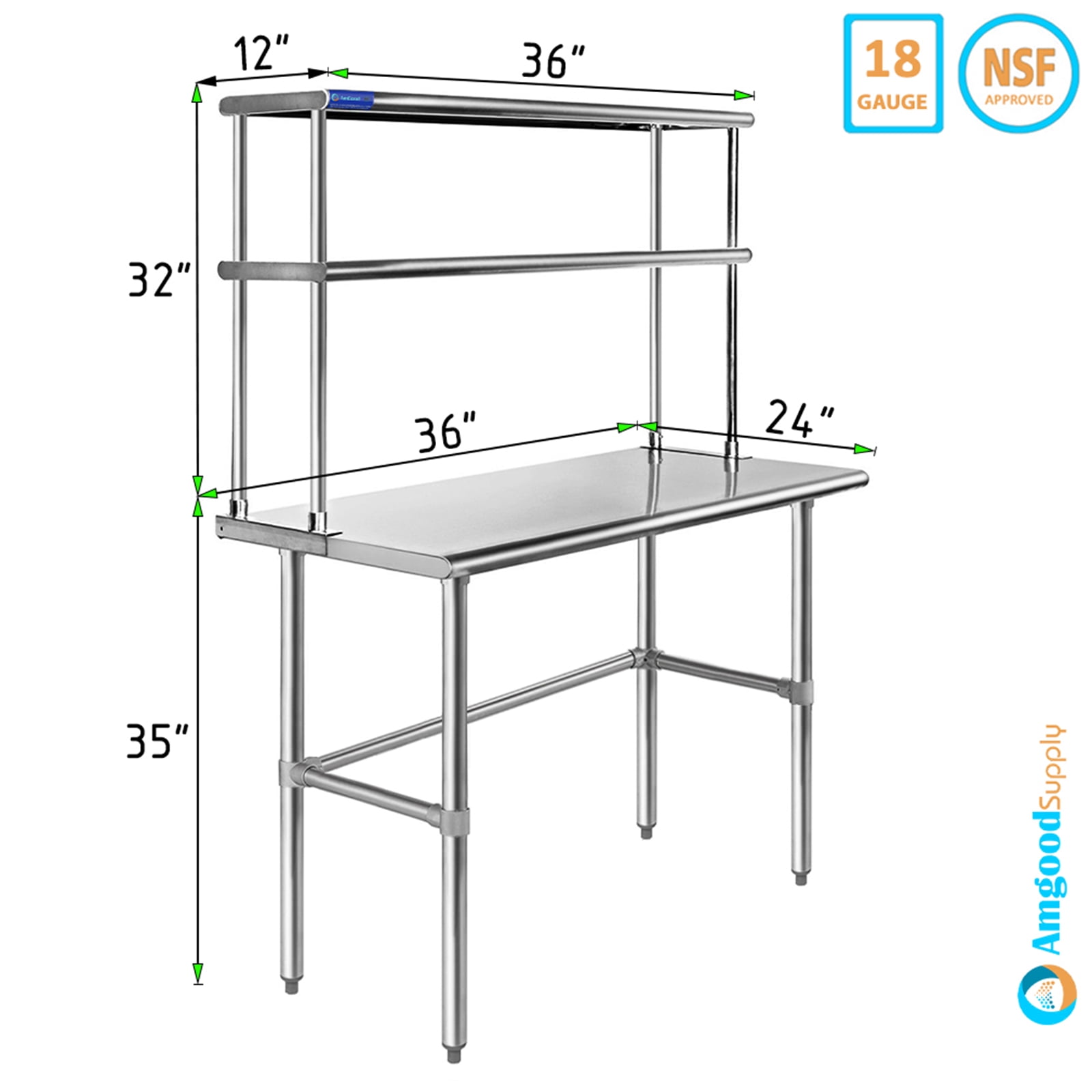 Stainless Steel Adjustable Double Overshelf for Work Table 14"x36" 