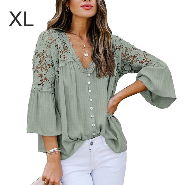 Sonducket Camisa de mujer Blusa de encaje con cuello en V Camisa de color sólido V Botón de manga larga Top Prendas para la parte del cuerpo Verde XL