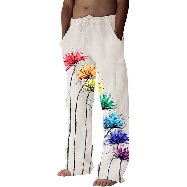 Pantalones casuales de lino para hombre, estampado de árboles y pájaros, sueltos, ligeros, elásticos, con cordón elástico, banda elástica, pantalones de yoga para la playa 013-azul cielo G 013-azul Xishao ropa