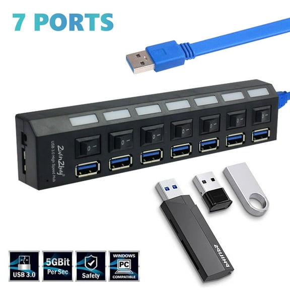 7 Port USB Hub 3.0, USB Data Hub Splitter with 2.1 ft USB Extension Multiple USB 3.0 Hub with Individual Switches for Laptop Keyboard Mouse