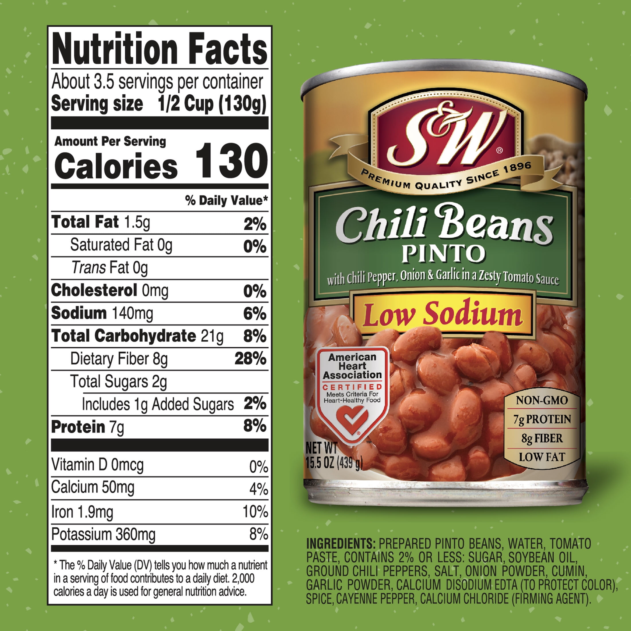 S&W Pinto Chili Beans - Low Sodium - 15.5 oz. Can