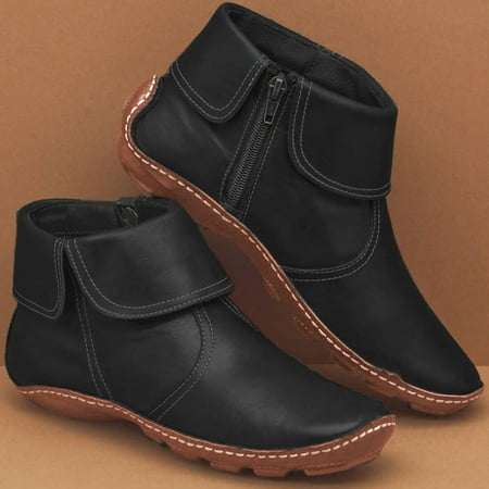 

Women s Winter Fashion Flat Vintage Pleated Round Toe Zip Up Ankle Boots
