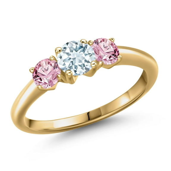 Gem Stone King 18K Yellow Gold Plated Silver Sky Blue Aquamarine and Pink Lab Grown Diamond Engagement Ring for Women | 1.00 Cttw | Round 5MM | Gemstone March Birthstone | Size 7