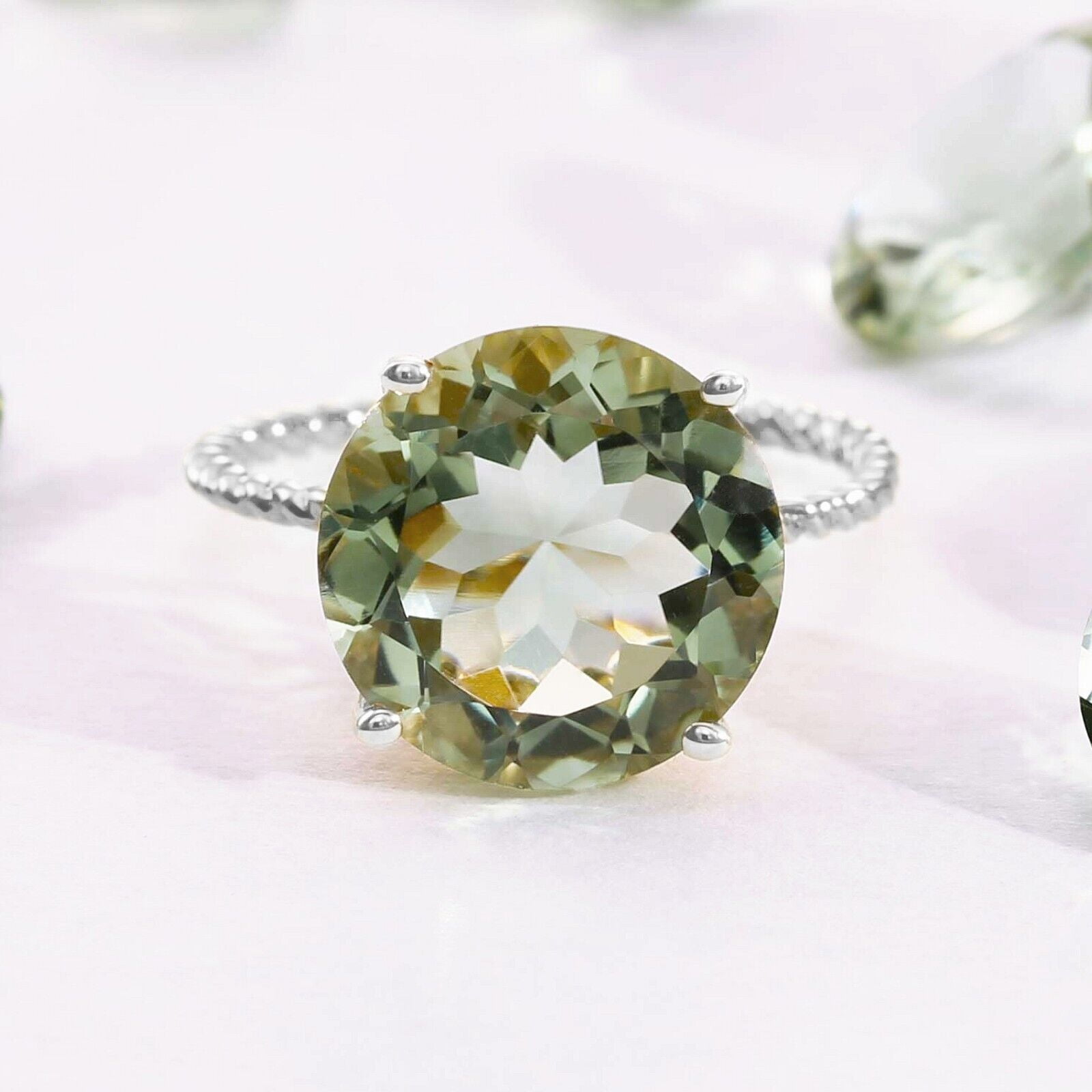 Tilo Jewelry Solid 925 Sterling Silver 5 Carat Natural Green Amethyst Solitaire Engagement Ring with Twist Rope Band | Size 5 | Gemstone Statement Ring for Women, Girls, Unisex