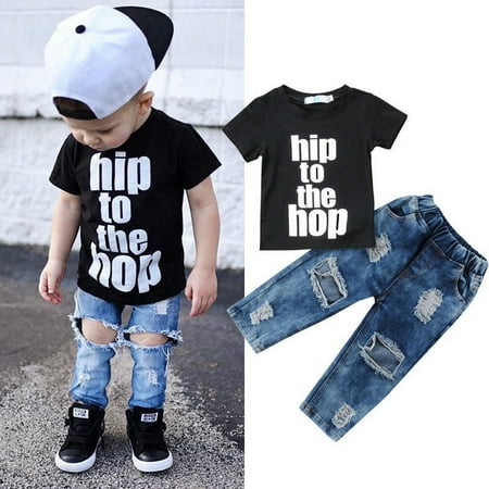 

Newborn Toddler Kids Boys Clothes T Shirt Tee Top +Denim Hole Pants Outfits Set