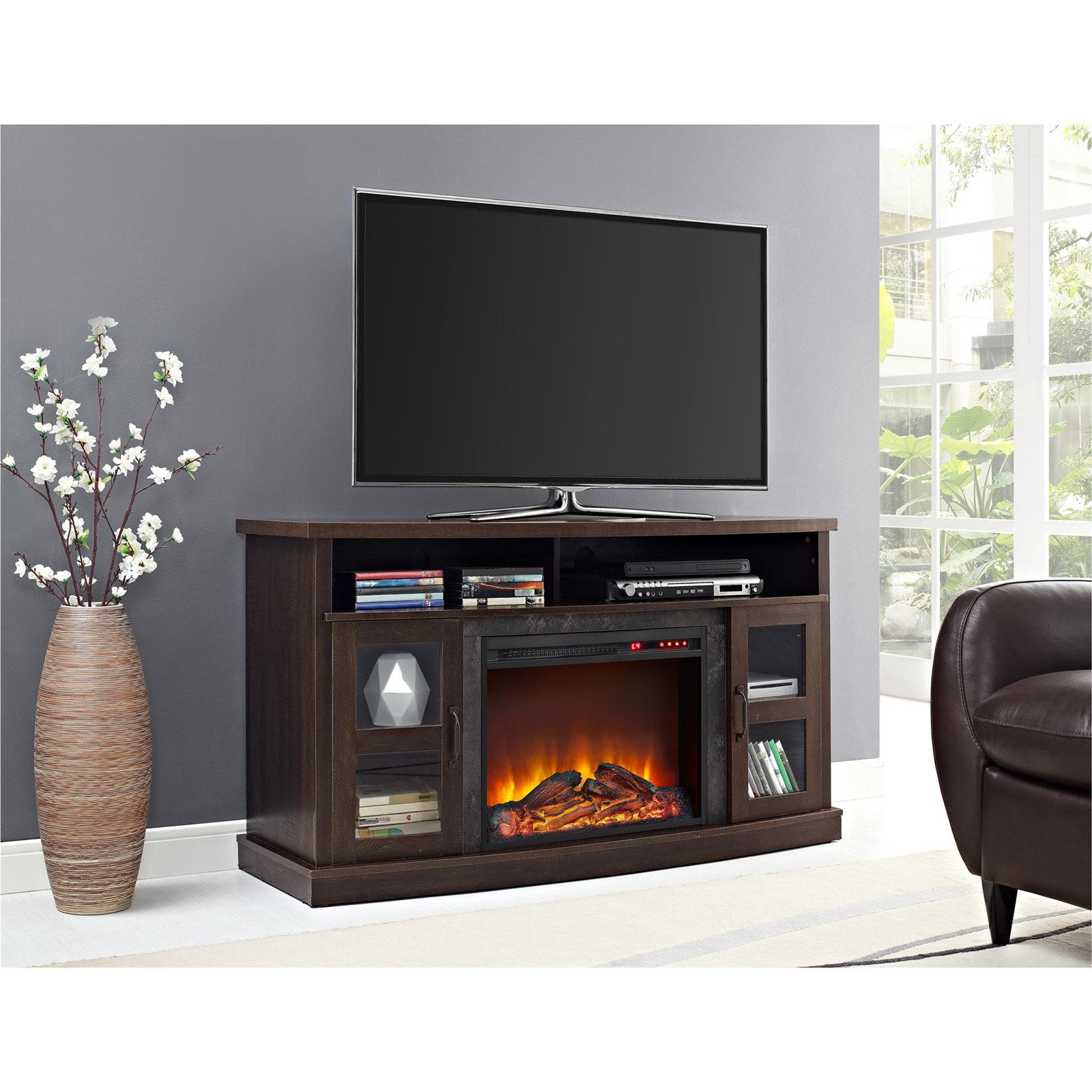 Ameriwood Home Barrow Creek Fireplace Console With Glass Doors For Tvs Up To 60