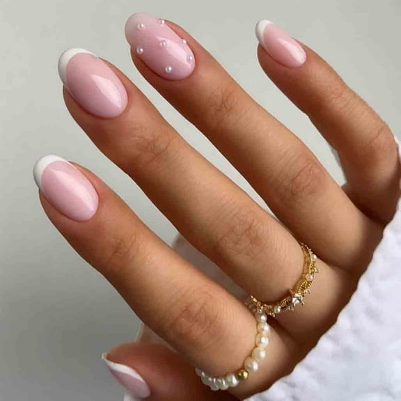 French Press on Nails Medium, Pearl Pink Fake Nails Almond Acrylic False Nails,Artificial Nails for Women and Girls 24 pcs Pink 24 Piece Set