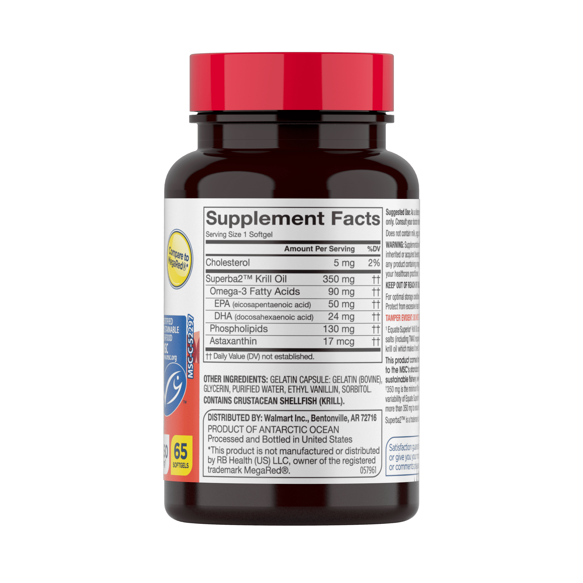 (3 pack) Equate Krill Oil Dietary Supplement, 350 mg, 65 Count, Compare to MegaRed®