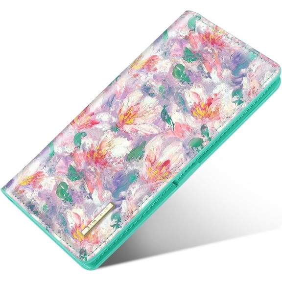 Slim Womens Wallet Minimalist Thin Long Leather Bifold Wallet  Blocking Card Holder Organizer with Zipper  Pocket Ladies Girls  Purse, Spring Garden