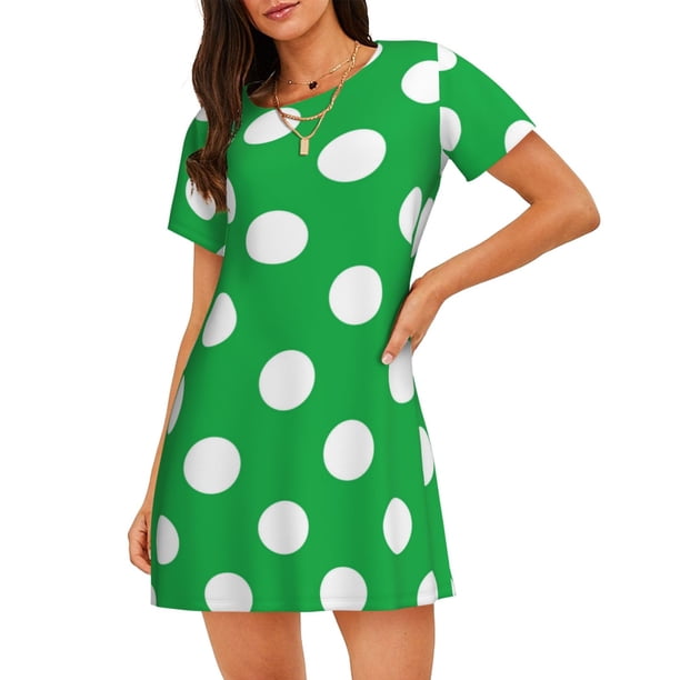 Disketp Green And White Polka Dot para Camisón Corto de Manga Corta para Mujeres, Camisón Cómodo con Escote Redondo, Bonito y Confortable