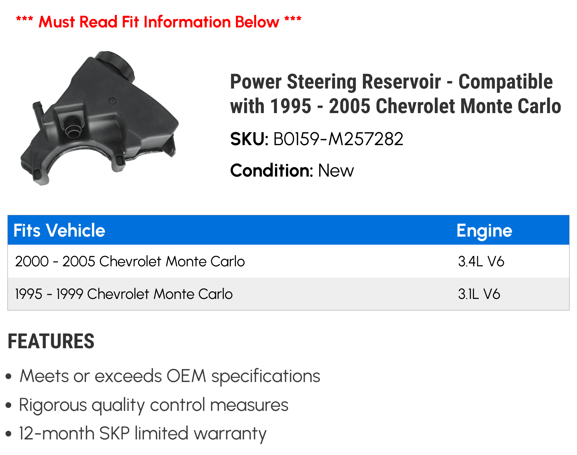Power Steering Reservoir - Compatible with 1995 - 2005 Chevy Monte Carlo 1996 1997 1998 1999 2000 2001 2002 2003 2004