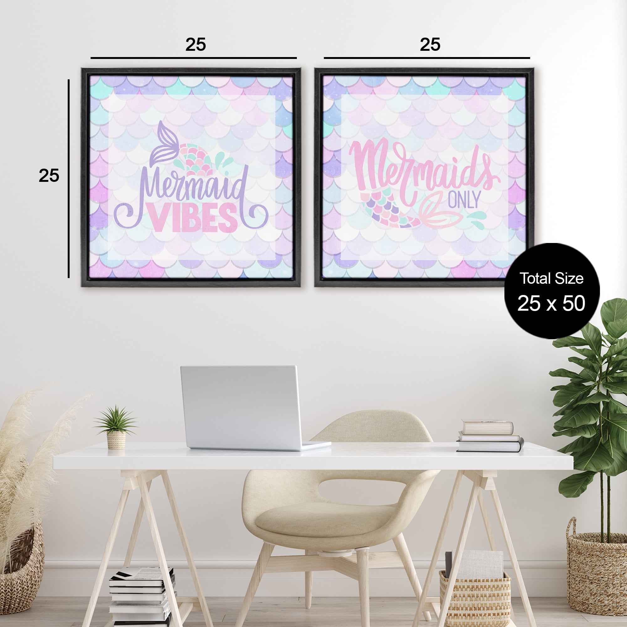 Dreamy Mermaid Phrases with Scales 2 Piece Black Framed Floater Canvas Set, design by Kim Allen