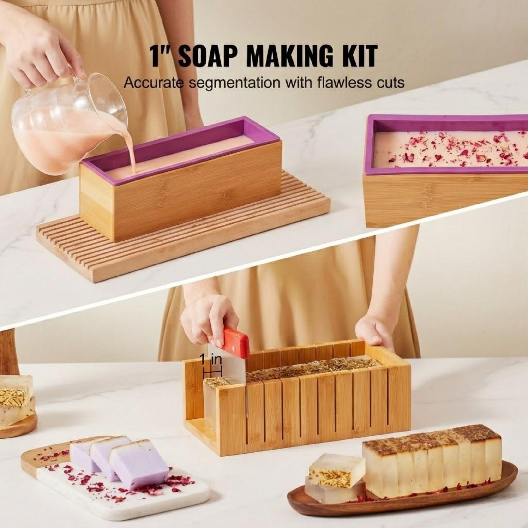 Soap Making Kit, Bamboo Cutting Box with Silicone Mold, Stainless Steel Straight & Wavy Cutters, 100 Bags & 105 Stickers, DIY Supplies for Adults