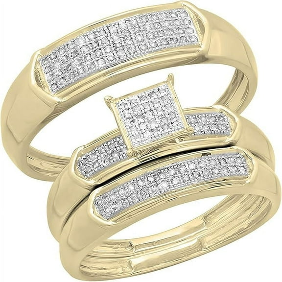 NYS Jewellrs Unisex 14K Yellow Gold Plated 2.00 Ct Round Cut White Diamond Wedding Engagement Trio Ring Set 925 Sterling Silver For Men's & Women's -9.5