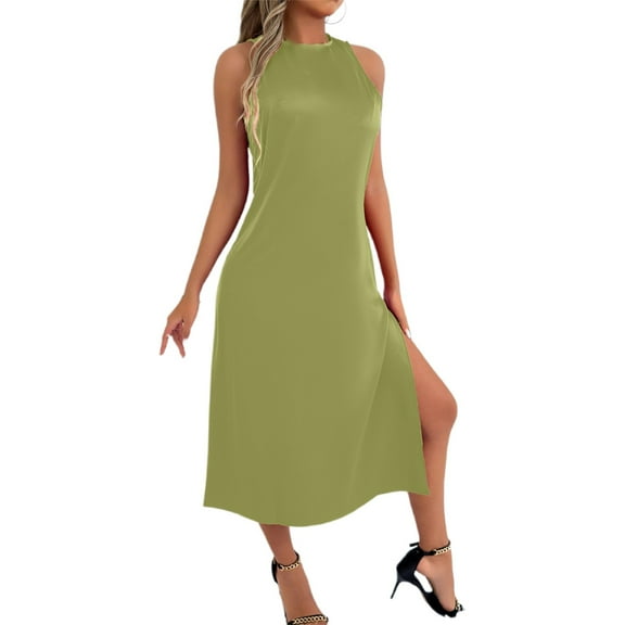 OSOLU Dresses Solid Color Women Casual Sleeveless Dress Elegant O-Neck Split Hem Flowy Summer Party Vacation Everyday Wear Comfortable Loose Fit Lovely Sundress Wedding Guest Dress