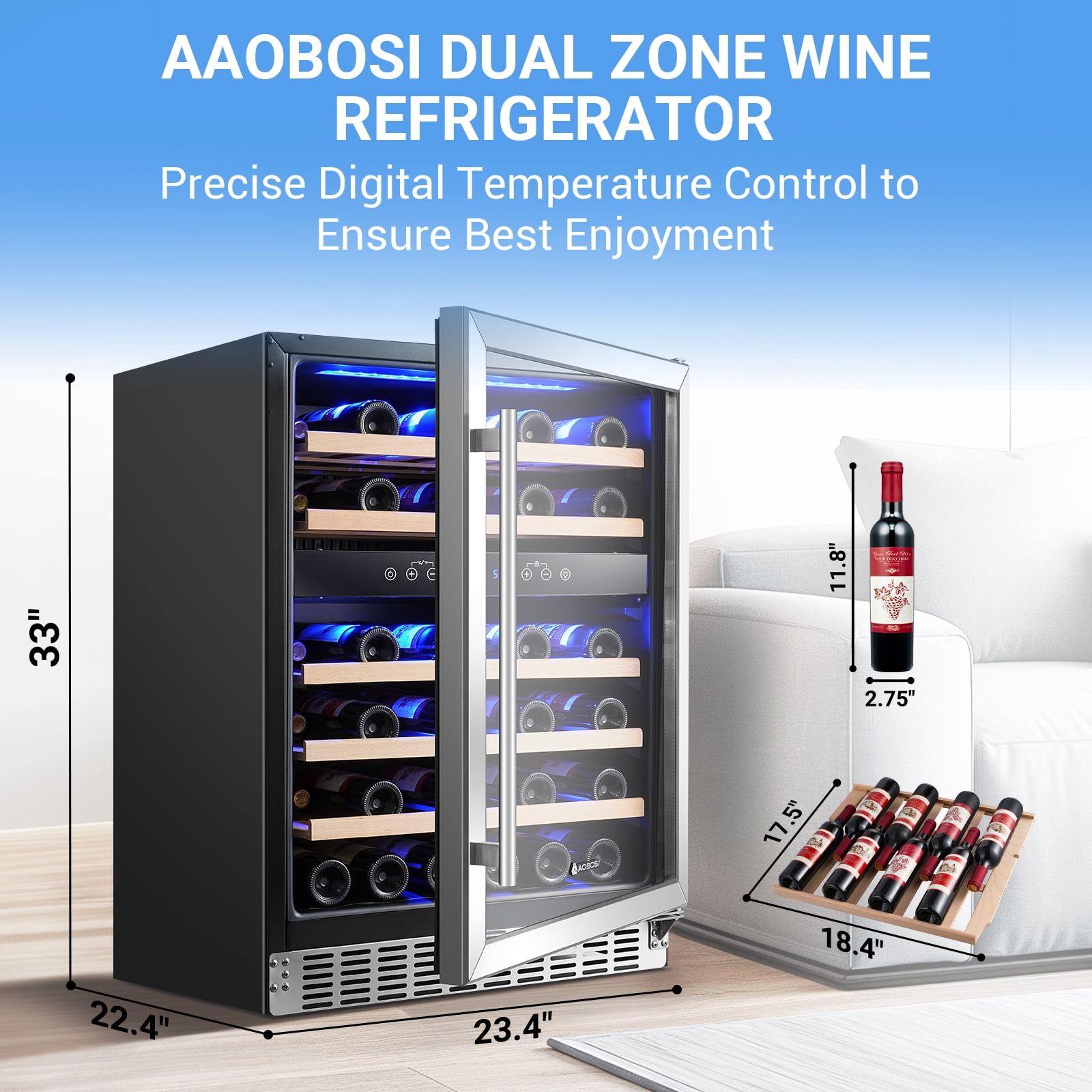 BODEGA 24 Inch Dual Zone Wine Cooler Refrigerator, 46 Bottle Wine Fridge with Double-Layer Glass Door, Digital Touch Temperature Control, Built-In or Freestanding Wine Cooler for Home