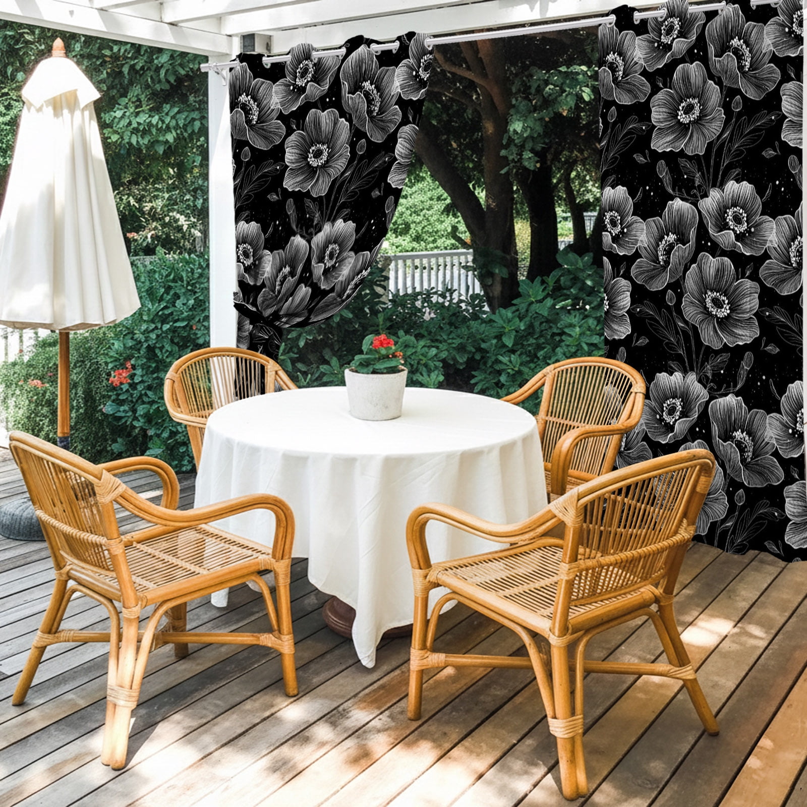 Peony Outdoor Curtains for Patio, Black Floral Botanical Silhouette Sunshade Privacy Drapes Grommet Waterproof Outside Curtains for Porch/Cabana/Balcony 54"x 108", 1 Panel