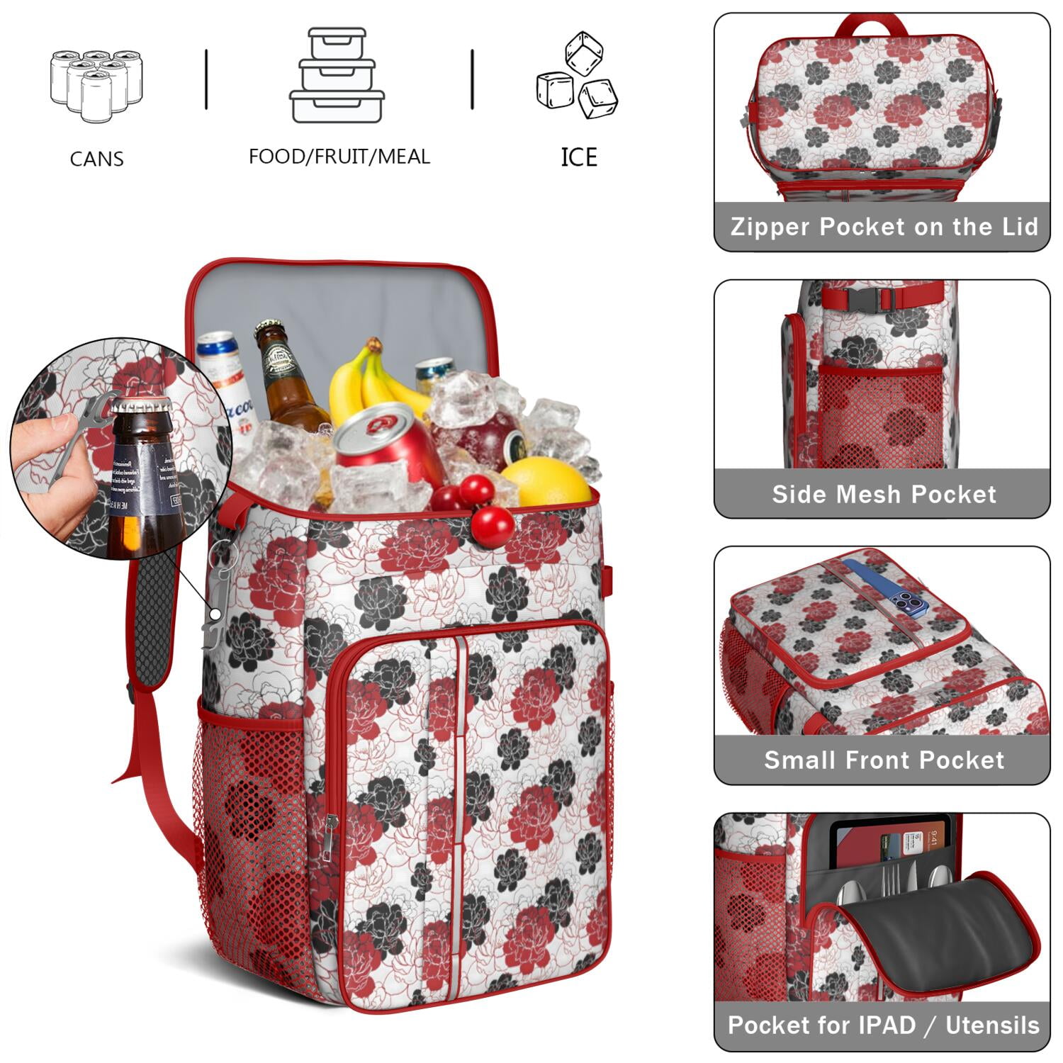 Travel Cooler Bag - Pioneer Flower Floral Print Pattern Camping Beer Cooler Backpack with Bottle Opener- Waterproof Insulated Picnic Backpacks - Cooler Bag for Beach