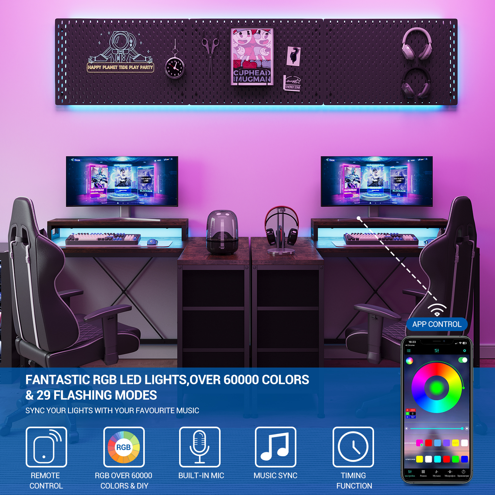 43 Inch Computer Desk With Drawers, L Shaped Desk with Power Outlets and Led Lights, Gaming Desk with Shelves and Monitor Stand