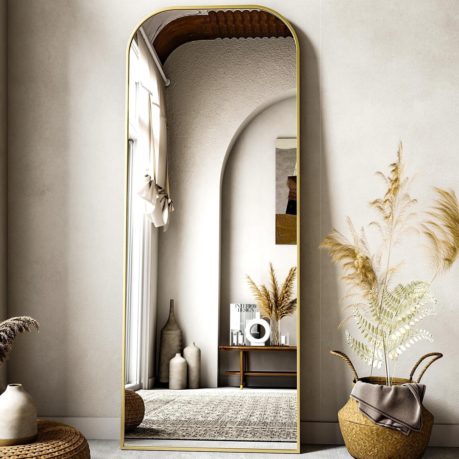 Lumora 64"x21" Rounded-top Full Length Mirror Free-standing Floor Mirror, Gold