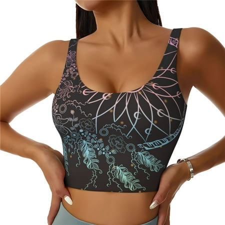 Adobk Dreamcatcher Print Sports Bras for Women Longline Workout Crop Tank Tops Padded with Built in Shelf Padded Sports Bra-Medium