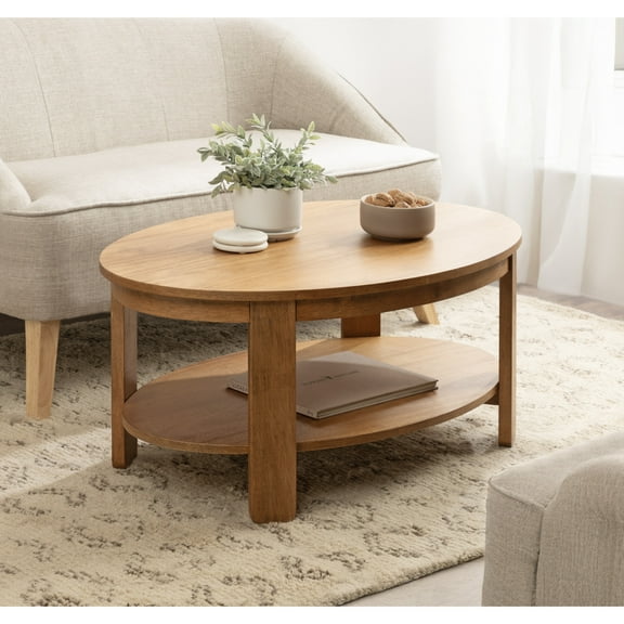 Kate and Laurel Foxford Modern Tiered Oval Coffee Table, 38 x 24 x 18, Natural Brown, Transitional Two-Tier Living Room Table with Storage and Resilient Wood Construction