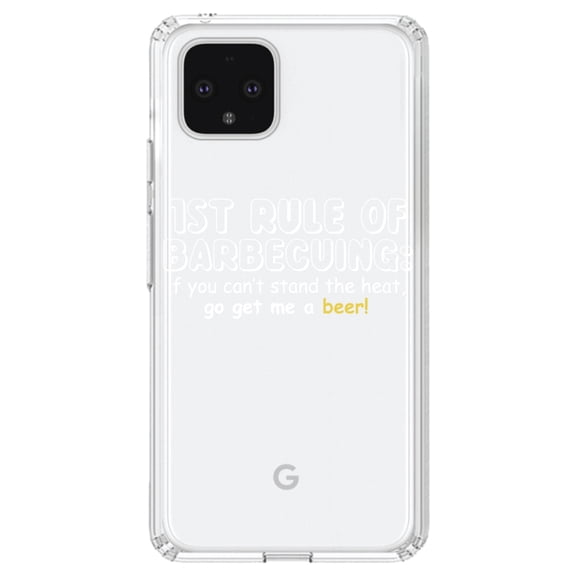 DistinctInk Clear Shockproof Hybrid Case for Google Pixel 4 (6.1" Screen) - TPU Bumper Acrylic Back Tempered Glass Screen Protector - 1st Rule of Barbecuing - Get Me a Beer