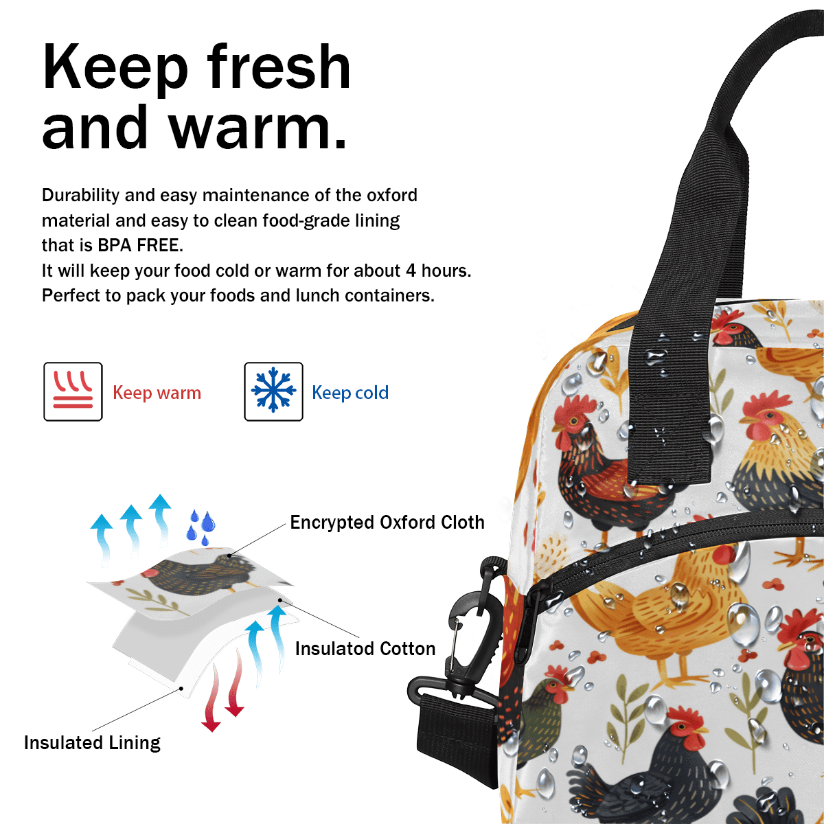 Herdesigns Chicken Insulated Lunch Bag for Women Men Adults Large Reusable Lunch Box Cock Hens Rooster Leakproof Cooler Tote Bags with Adjustable Shoulder Strap