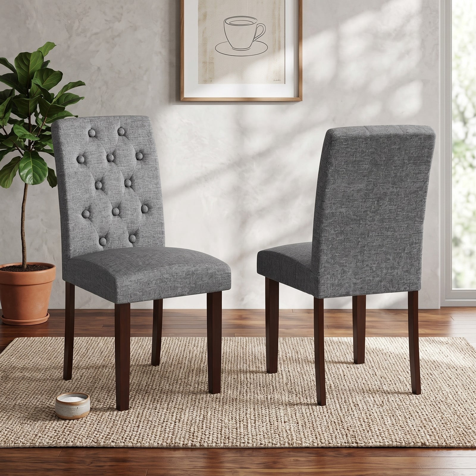 Furnibear Button Tufted Fabric Upholstered Dining Chair Set of 2, High Curved Back Accent Side Chairs with Rubber Wood Legs for Kitchen Living Room Reception, Gray