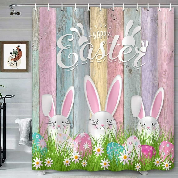 Happy Easter Shower Curtain for Bathroom, Easter Bunny Eggs Colorful Wood Board Background Spring Holiday Bath Curtain, Waterproof Polyester Fabric Bathroom Accessory Sets with Hooks, 72 x 72