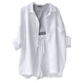 thumbnail image 2 of Women Crinkled Textured Two Piece Outfit Set, Lapel Long Sleeve Button Shirt & High Waist Drawstring Shorts, Plus Size Casual Loungewear Suit for Vacation Daily Street Wear 06-White XL, 2 of 4