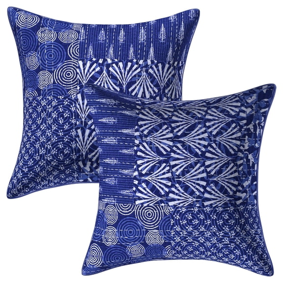 Stylo Culture Indian Cotton Decorative Throw Pillow Covers Indigo Blue White 16x16 Traditional Kantha Patch Look Couch Cushion Covers 40 x 40 cm Living Room Floral Square Pillow Cases | Set Of 2