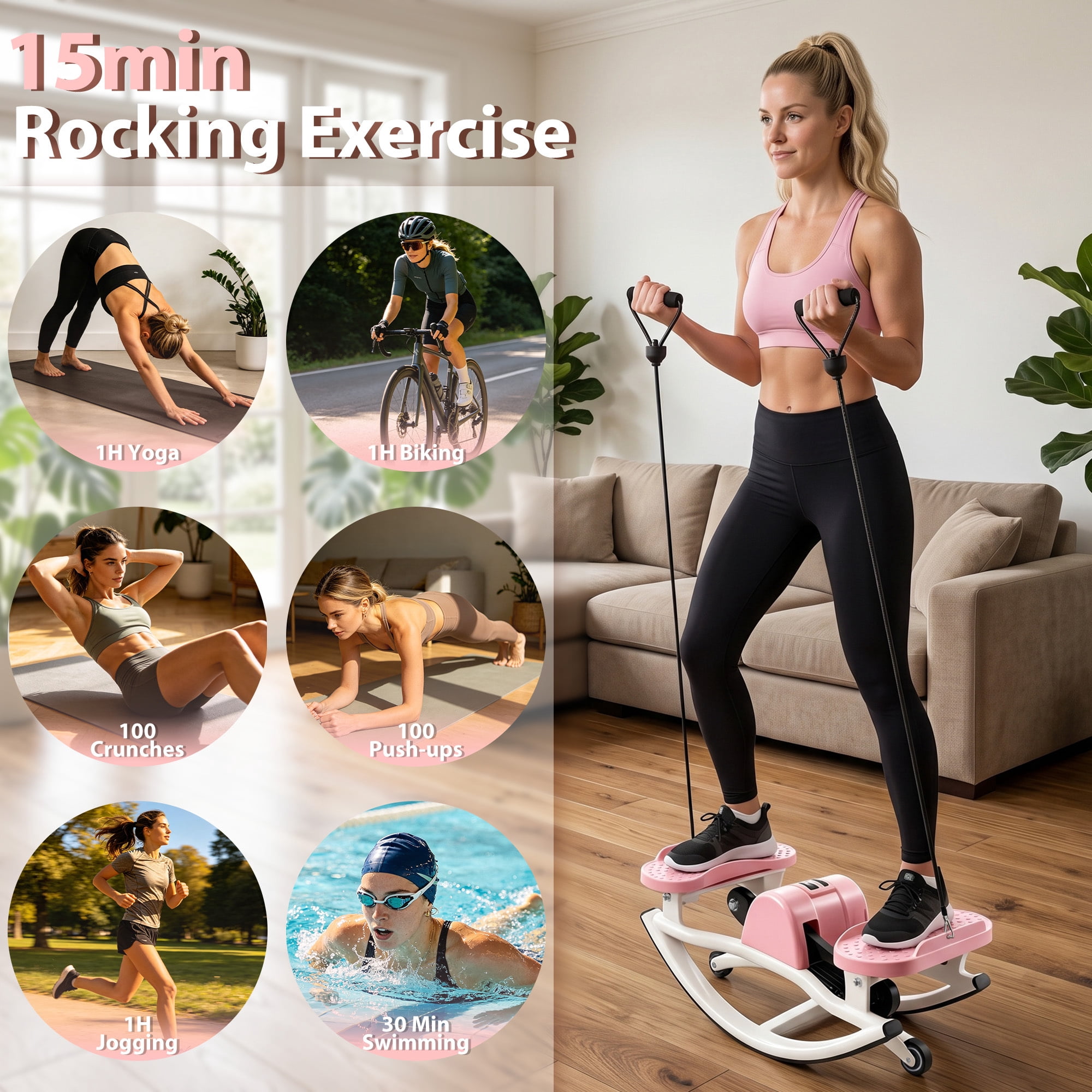 Leumius Rock Stepper for Exercise,Side-to-Side Stepper Machine with Resistance Bands & Digital Display,Foldable Mini Stepper for Home Workout,Pink