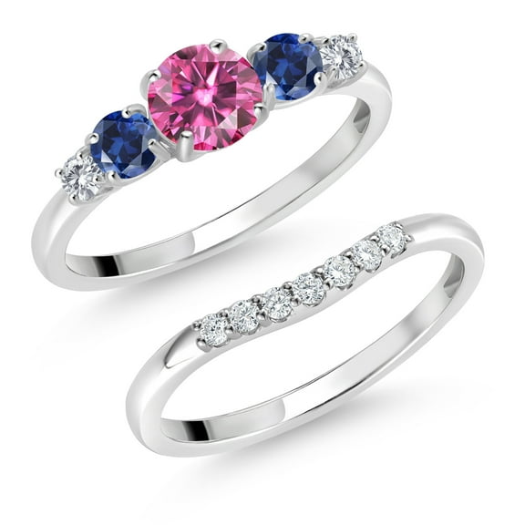 Gem Stone King 10K White Gold Pink Moissanite Blue Created Sapphire and White Lab Grown Diamond 5 Stone Bridal Engagement Wedding Ring Set for Women (0.89 Cttw, Round: 5MM and 3MM, Size 8)