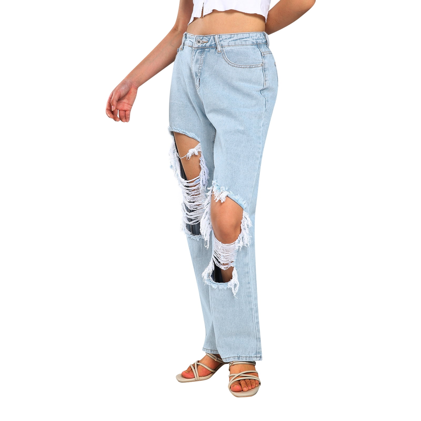 ZAXARRA Women Ripped Jeans High Waist Hollow Out Trousers Straight-Leg Denim  Pants - Walmart.com