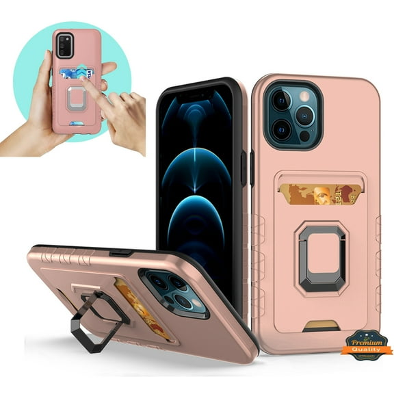 Xpm Case for Apple iPhone 13 (6.1") Credit Card Holder Slot with Stand Kickstand Ring Hybrid Heavy Duty Armor TPU Military Grade Cover for iPhone 13 - Rose Gold