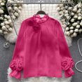 thumbnail image 2 of Women's Loose Fit Round Neck Long Sleeve Chiffon Blouse Shirt Comfy Flowy Dressy Work Office Outfits Casual Daily Wear | CSEONE,Hot Pink Free Size, 2 of 7