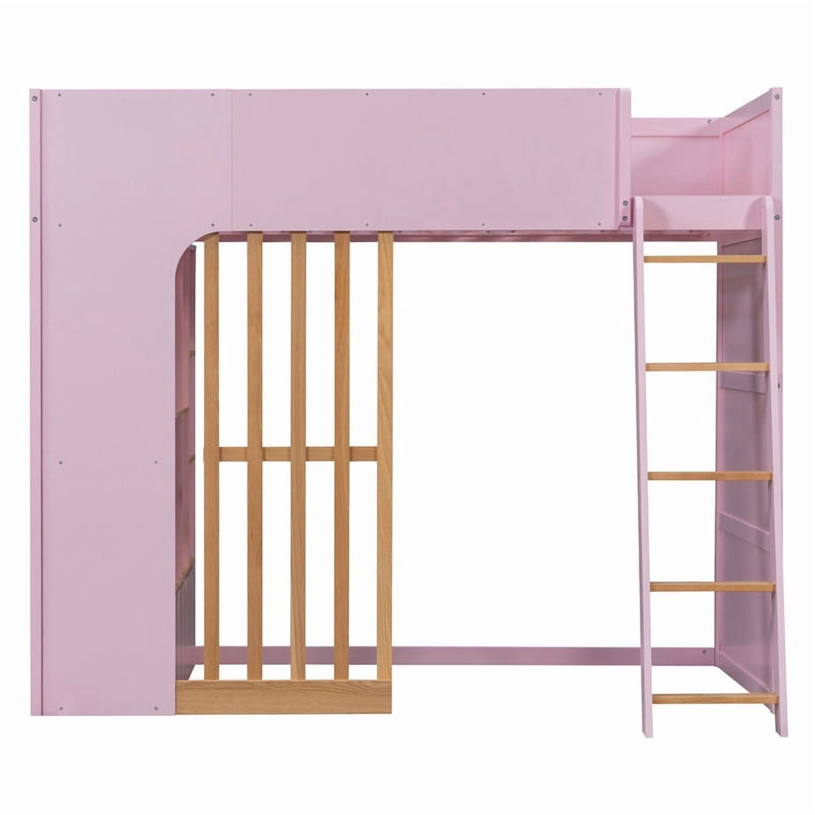 Twin Size Kids Loft Bed with Shelves, Wooden High Profile Teens Storage Bed Frame with Ladder and Removable Large Drawer