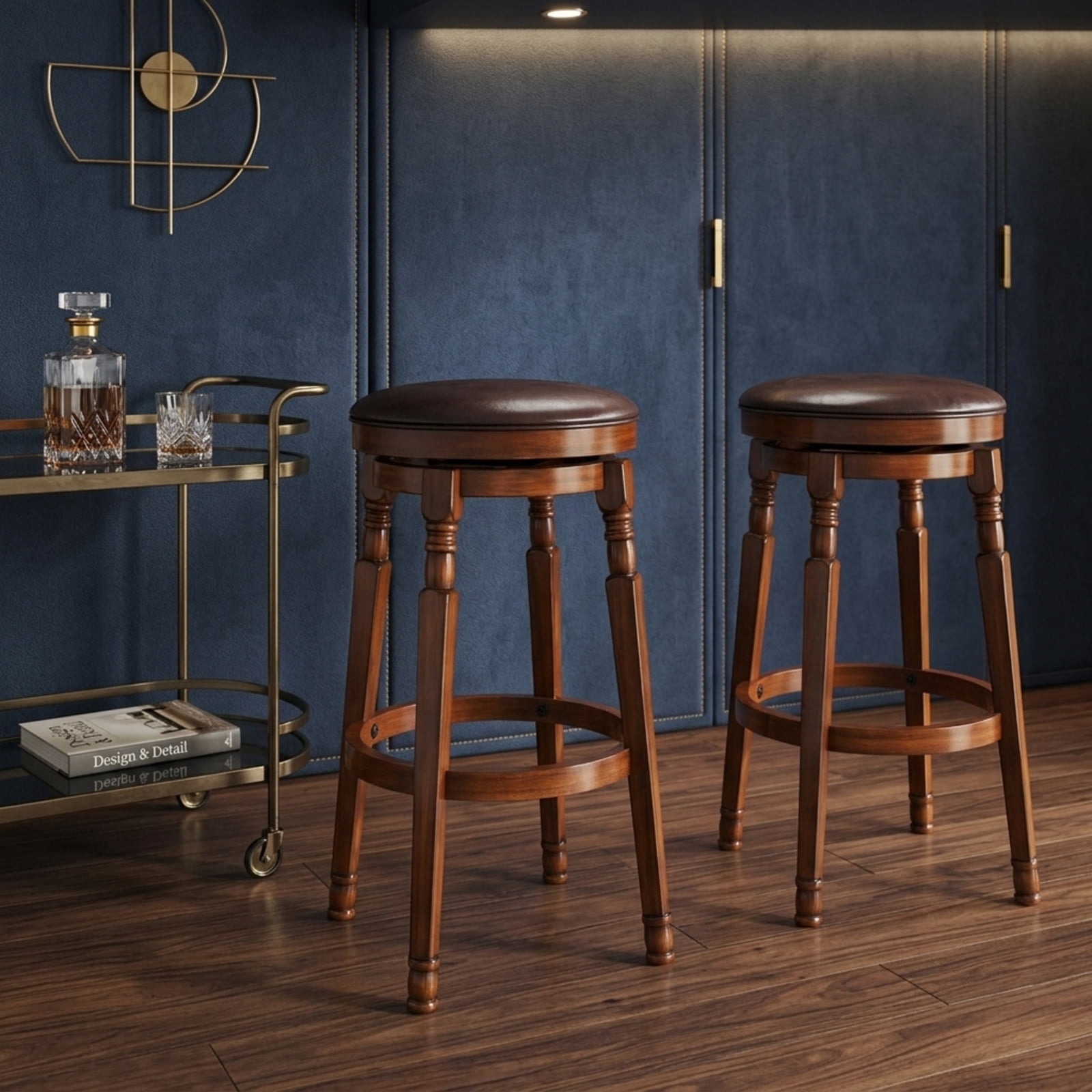 Furnibear Set of 2 29-Inch Swivel Leather Padded Dining Bar Stools for Kitchen Island Counter Bar Pub Dining Home, Walnut