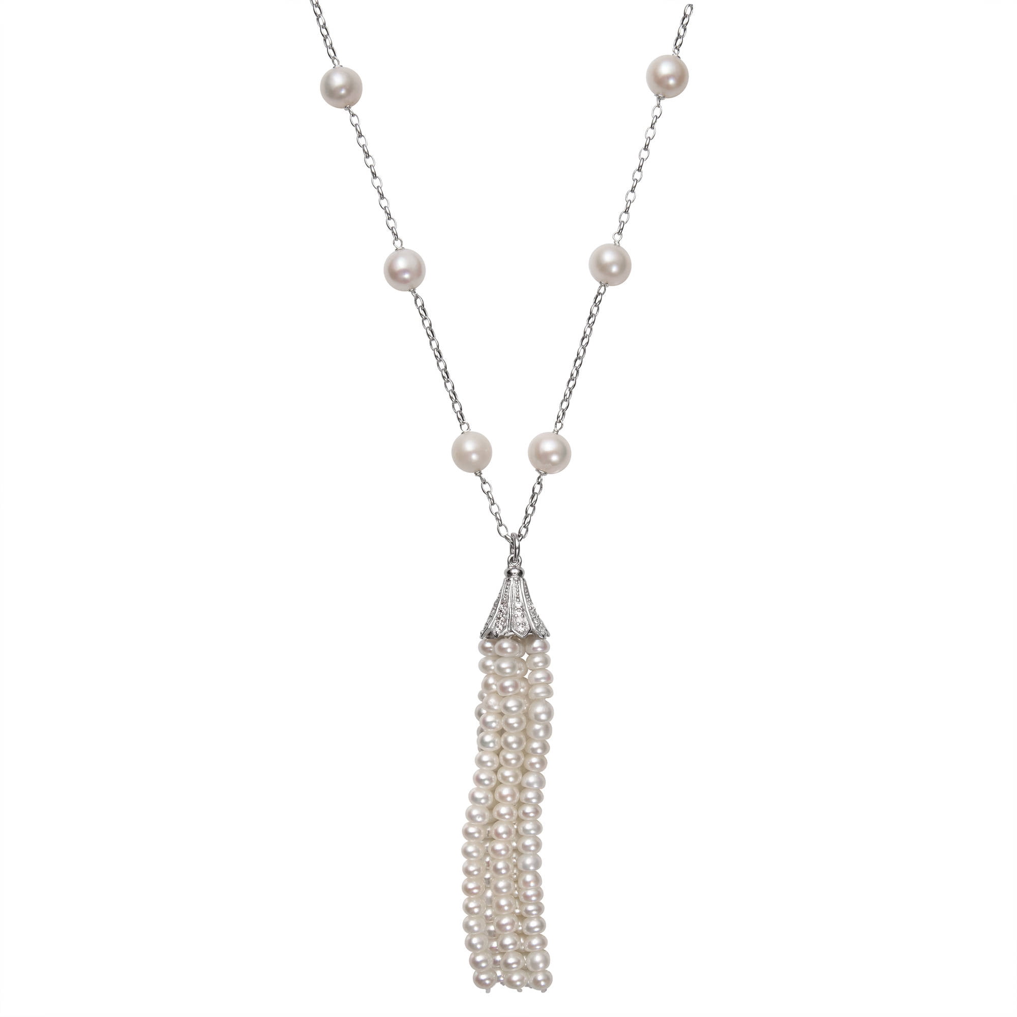 7-8mm Cultured Freshwater Pearl and Cubic Zirconia Sterling Silver Tassel Tin Cup Necklace, 36" by China Pearl